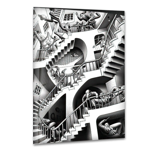 Black and white surreal maze of stairs creating an Escher-style illusion.