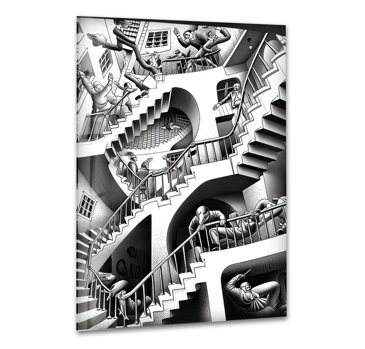 Black and white surreal maze of stairs creating an Escher-style illusion.