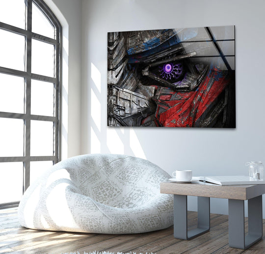 Delicate surface texture details highlight the sci-fi glass wall art, creating a unique home decor piece with the futuristic robot eye design.