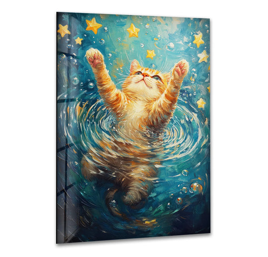 A vibrant, warm-toned oil painting decoration of an orange cat with paws raised in swirling blue water among yellow stars and bubbles.