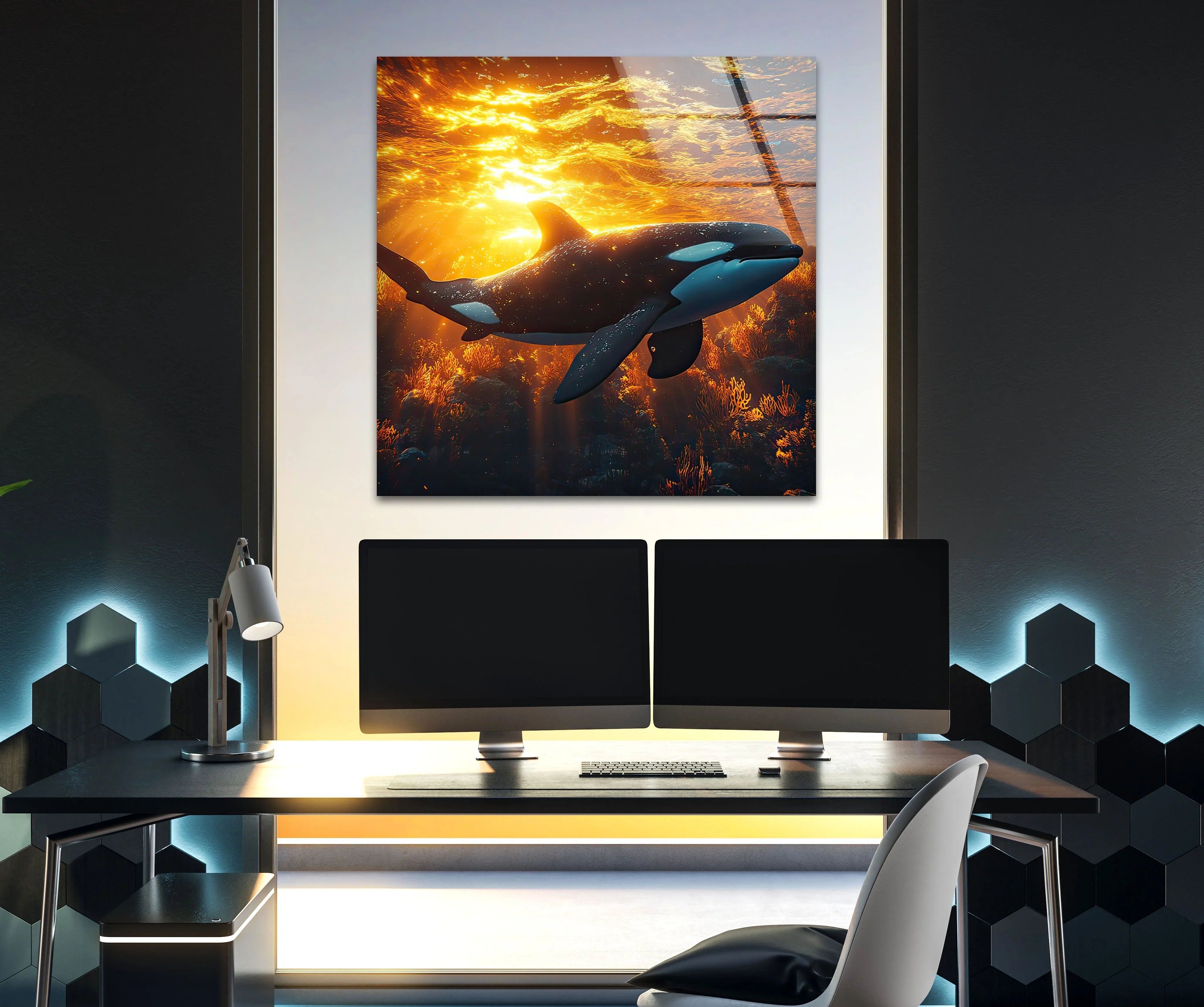 Sunset Orca Glass Wall Art – Ocean Elegance – MyPhotoStation