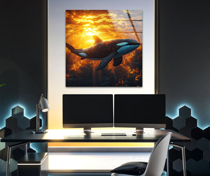 Sunset Orca Glass Wall Art photo print on glass, prints on glass wall art
