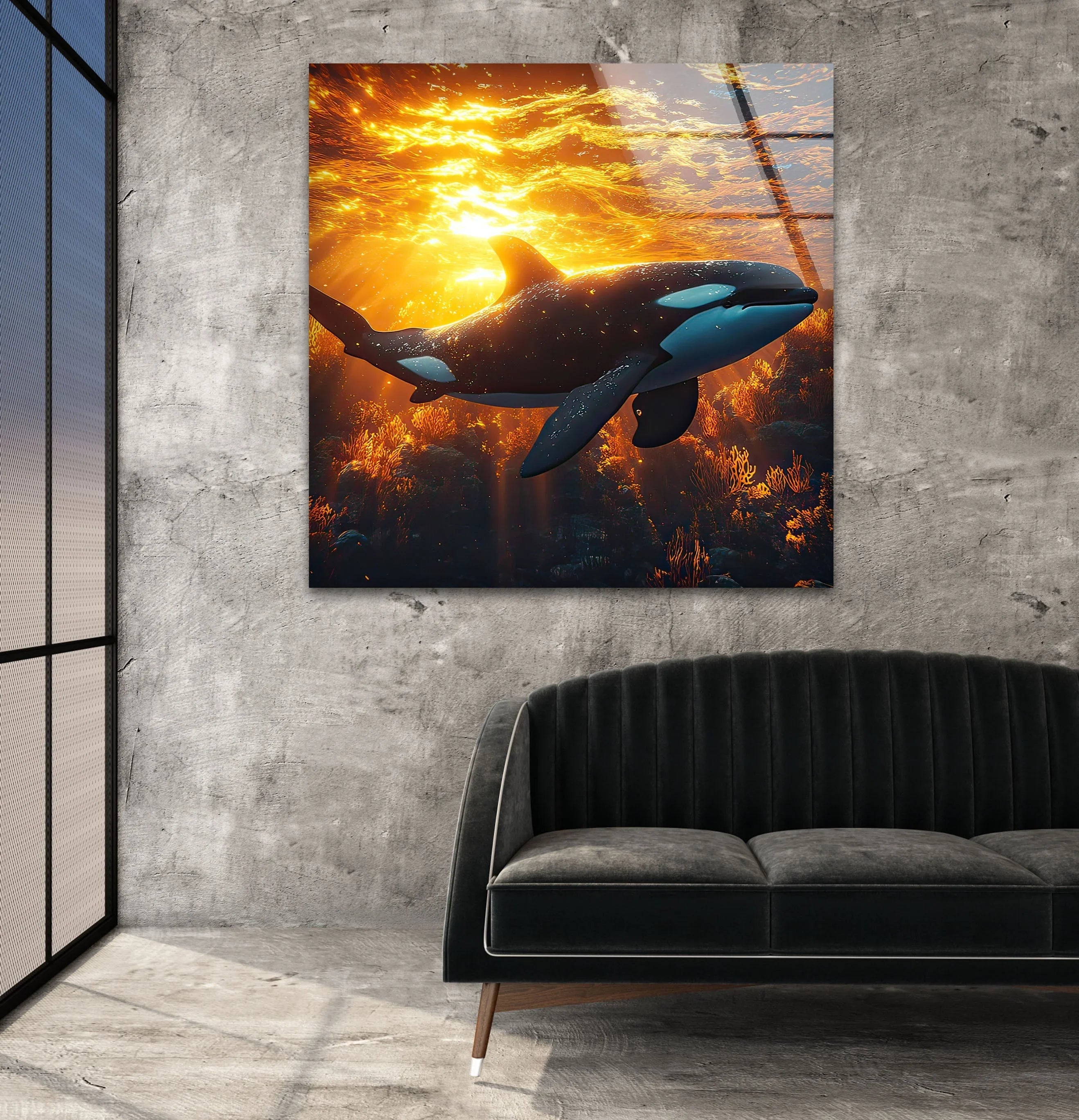 Sunset Orca Glass Wall Art – Ocean Elegance – MyPhotoStation