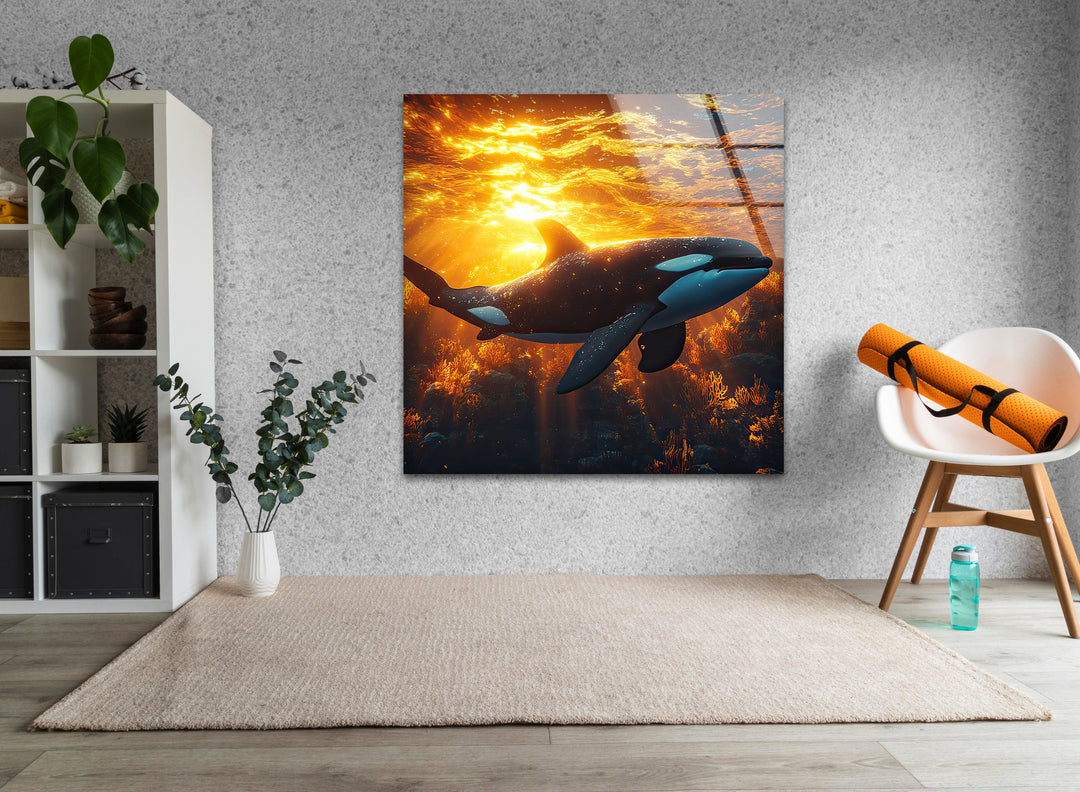 Sunset Orca Glass Wall Art custom glass pictures, glass art prints
