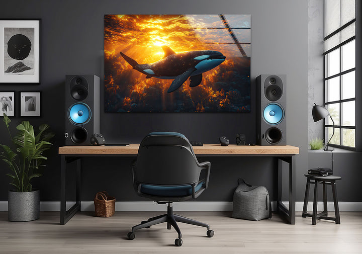 Sunset Orca Glass Wall Art large glass photo prints, glass wall photos
