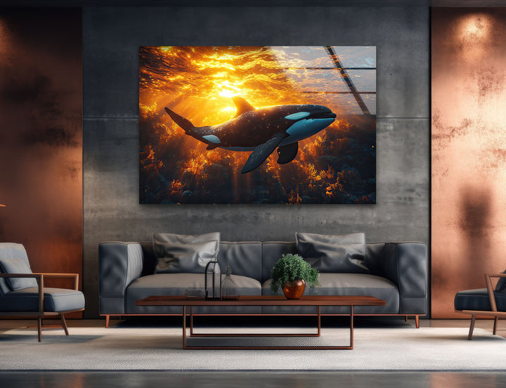 Sunset Orca Glass Wall Art custom glass photo prints, large glass prints
