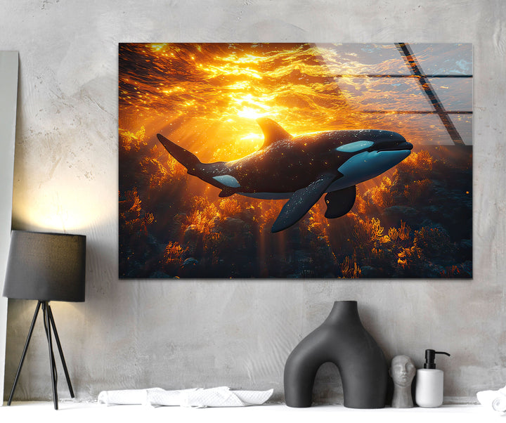 Sunset Orca Glass Wall Art picture on glass wall art, photos printed on glass
