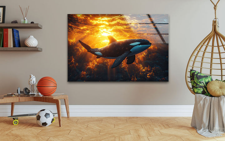 Sunset Orca Glass Wall Art print on glass, glass printed photos
