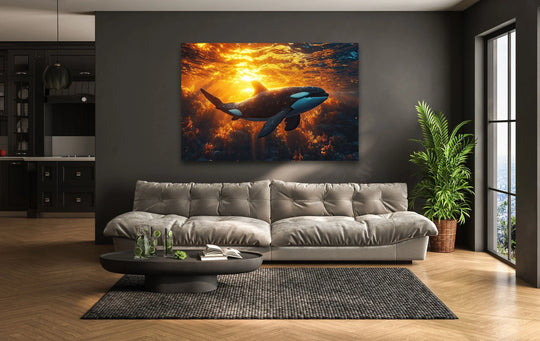The orca canvas wall art shows a killer whale underwater at sunset and is durable animal wall art for ocean elegance and lifelike details