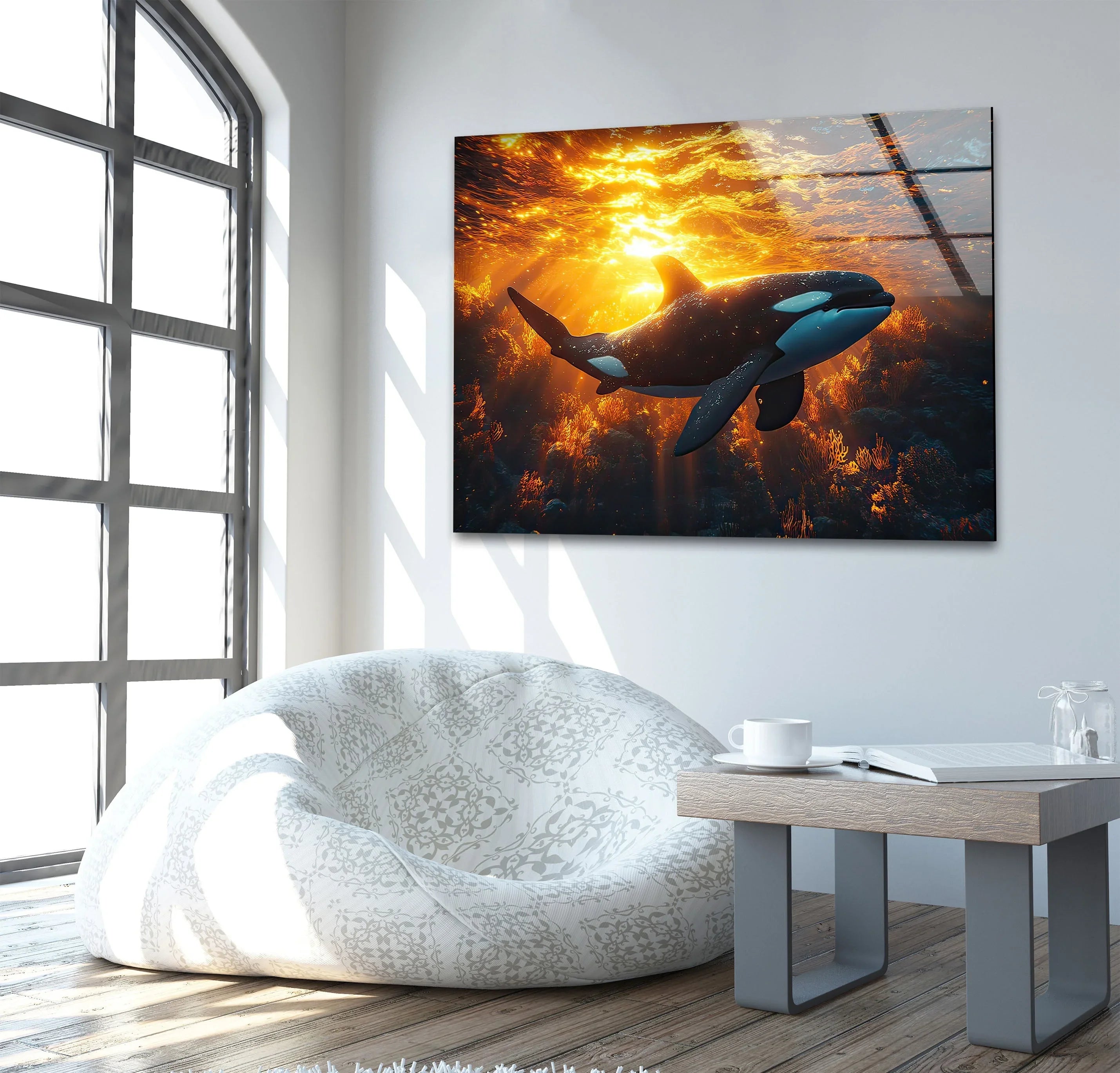 Sunset Orca Glass Wall Art – Ocean Elegance – MyPhotoStation