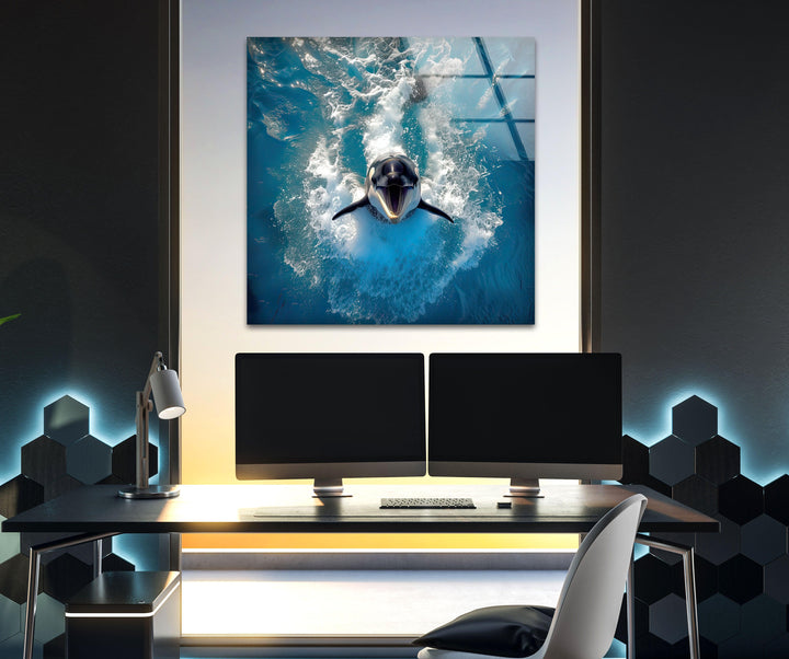 Orca & Blue Sea Glass Wall Art picture on glass wall art, photos printed on glass
