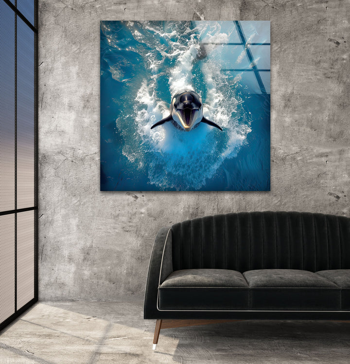 Orca & Blue Sea Glass Wall Art large glass photo prints, glass wall photos
