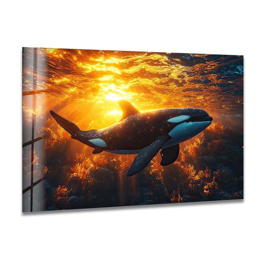 Orca under the sea is a glass wall art featuring an ocean animal in blue and black tones and a glossy finish perfect as marine inspired artwork