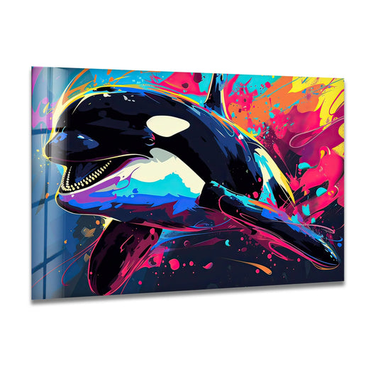 Orca colored glass wall art featuring bright yellow and pink abstract splashes behind the killer whale.