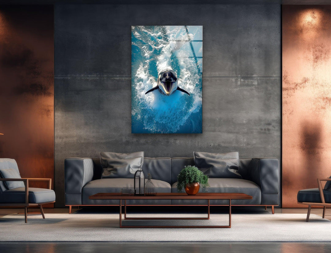 Orca & Blue Sea Glass Wall Art picture on glass wall art, photos printed on glass
