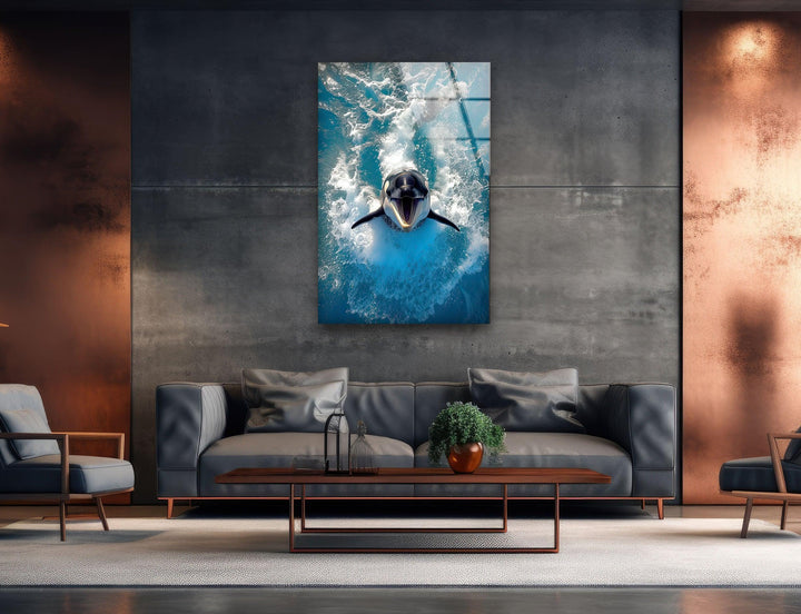 Orca & Blue Sea Glass Wall Art picture on glass wall art, photos printed on glass
