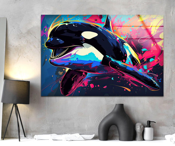 Orca Colored Glass Wall Art custom glass pictures, glass art prints

