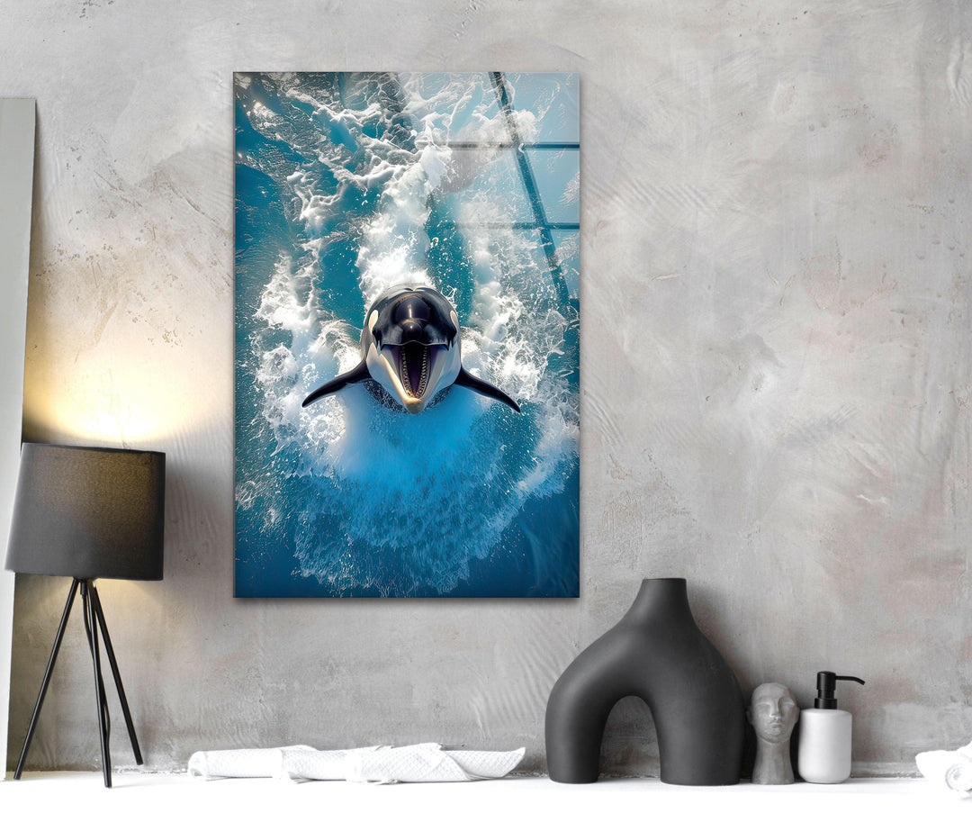Orca & Blue Sea Glass Wall Art print on glass, glass printed photos
