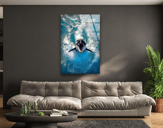 The vertical glass wall art shows an orca and blue sea and is powerful ocean animal art and sea life decor for an animal themed space
