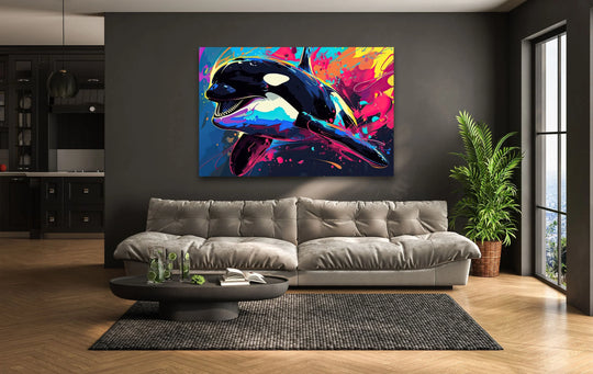 Foreground details show a modern grey sofa and black coffee table with drinks and a book, perfect for a print wall art arrangement.
