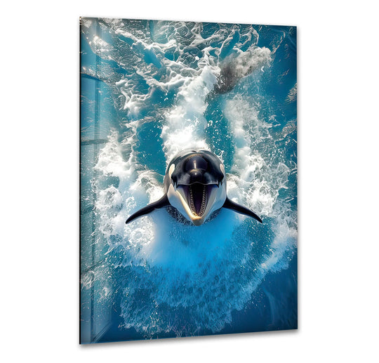 The ocean animal orca is a vertical glass wall art with black and blue tones and features a sea motif and is powerful wall decor for ocean lovers