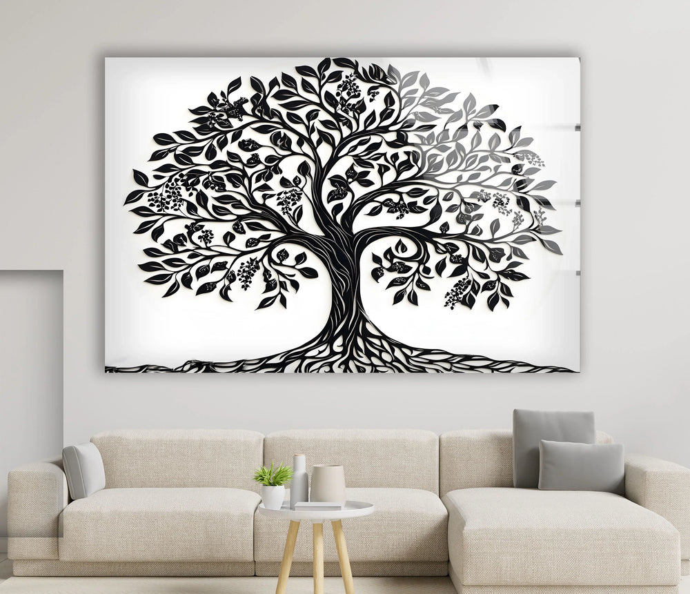 Monochrome tree artwork on tempered glass showcasing an ornamental tree with stylized leaves and flowing roots.