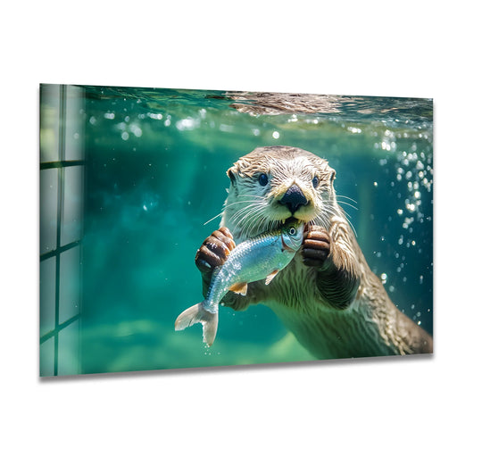 An otter's fur transitions from earthy browns to the vibrant turquoise of the water in this captivating art from glass.