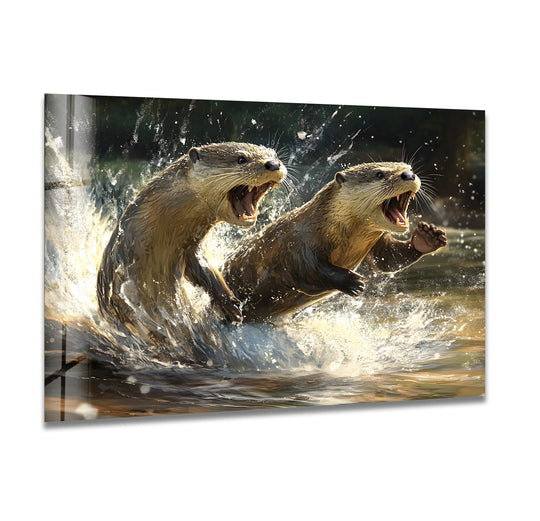 Playful otters in motion on this glass wall print, showcasing vibrant energy along its distinct edges.
