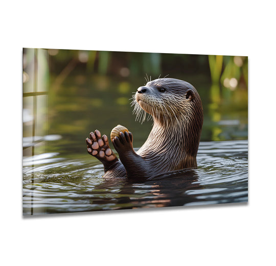 A smooth glass wall art print depicts a wet otter holding a smooth, round object in its paws, with ripples of water on its fur.