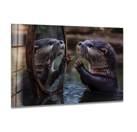 A curious otter gazes into a reflective mirror, framed by negative space and detailed glass art.