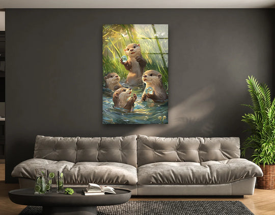 Tranquil otters playfully holding shimmering gems amidst serene reeds in this captivating glass art painting.