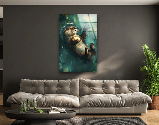 A playful otter floating on its back with a shell evokes a serene and whimsical mood for this print wall art.