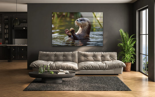 A serene otter floats in calm lake waters, a quiet moment captured on this wall art print.