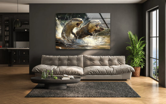 Vibrant glass wall art decor depicts playful otters with rich, saturated browns and bright, energetic splashes of water.