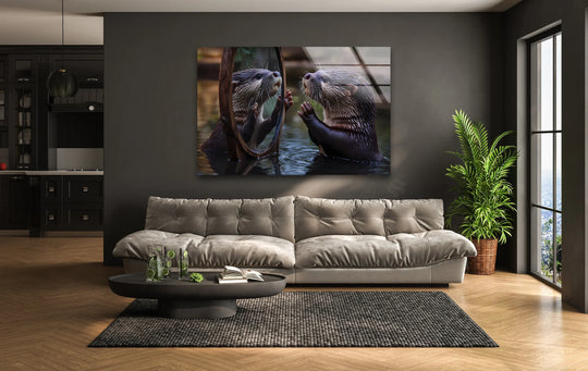 Curious otter peeks into a mirror with its reflection, featured on this vibrant print wall art.