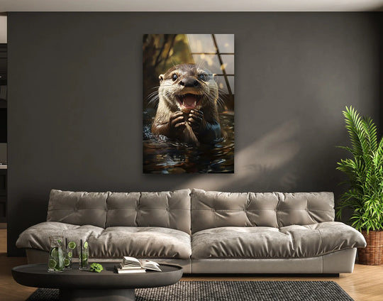 The plush, tufted sofa offers a soft contrast to the cheerful otter wall prints.