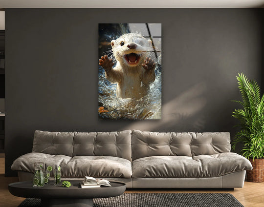 An adorable otter erupts from swirling water in this dynamic glass art painting, showcasing nature's organic forms.