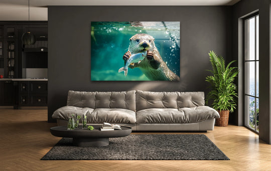 An otter surfaces with a fish, creating layered underwater depth in this striking glass art.