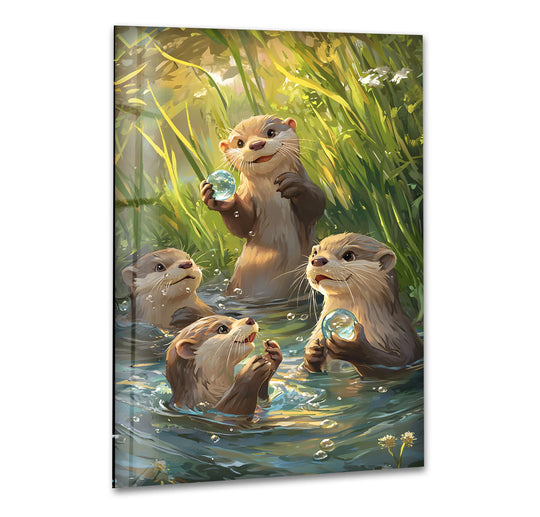 Sunlight filters through lush green reeds, creating a tranquil, impressionistic background for this delightful glass art painting of playful otters.