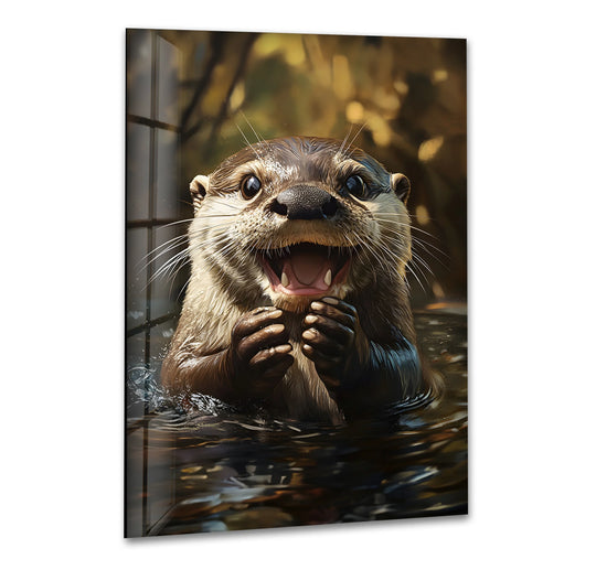 Dark, rippling water reflects the cheerful otter glass wall artwork.