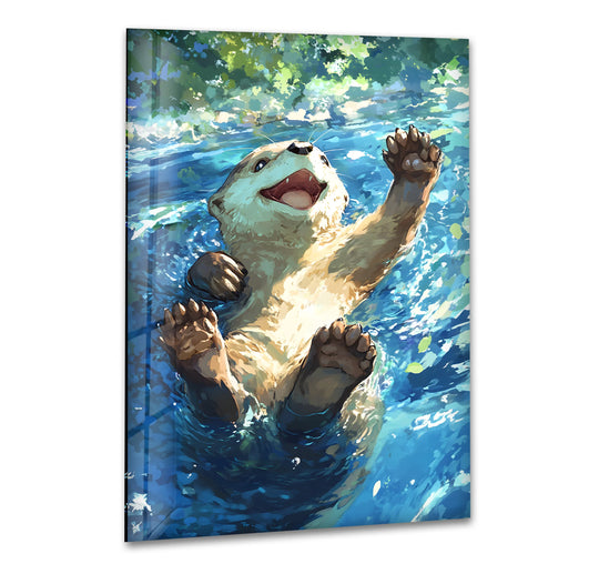 This vibrant glass wall art showcases an otter's joy in the water, ideal for decorative wall art.