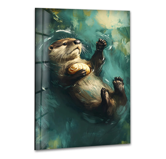 A lone otter floats peacefully in dark, abstract water, offering a striking example of hanging wall art with ample negative space.