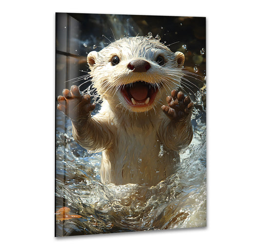 An abstract portrait of an excited baby otter captured in motion amidst glistening water splashes, a stunning wall print.