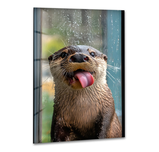 Dark black lines frame a playful otter with its tongue out, visible through the hanging wall art.