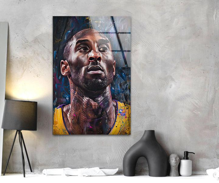 Bold basketball portrait on glass with dramatic lighting and vibrant artistic patterns.