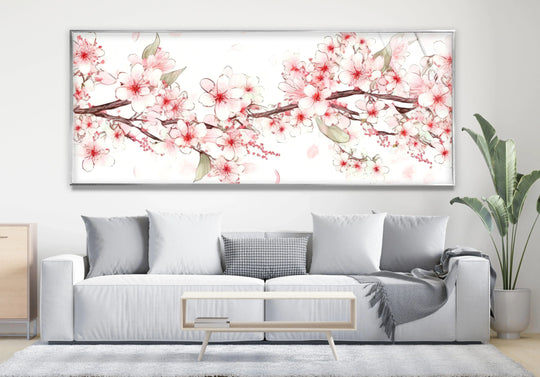 Negative space highlights the delicate floral design in this sakura cherry blossom glass wall art, making it an ideal piece of home decoration.