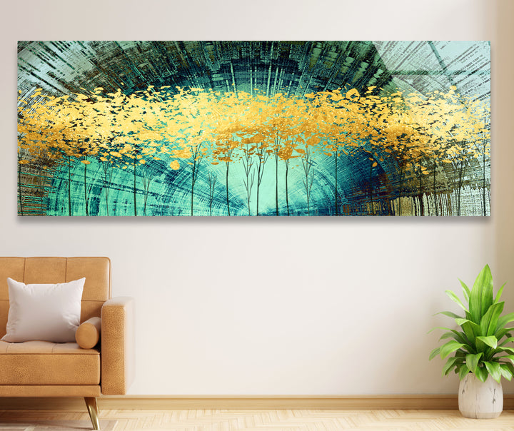 Golden Forest Panorama-Wandkunst – Türkisfarbene abstrakte Landschaft für modernes Wohnzimmer
