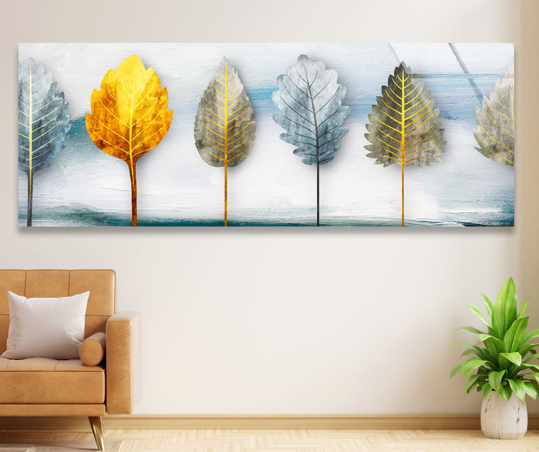 Golden Leaves 5-teiliges Wandbild – Abstraktes Natur-Glasplatten-Set