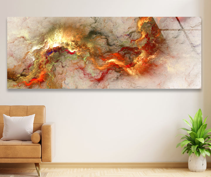 Feurige abstrakte Panorama-Wandkunst – Rot-Gold-Glasdruck