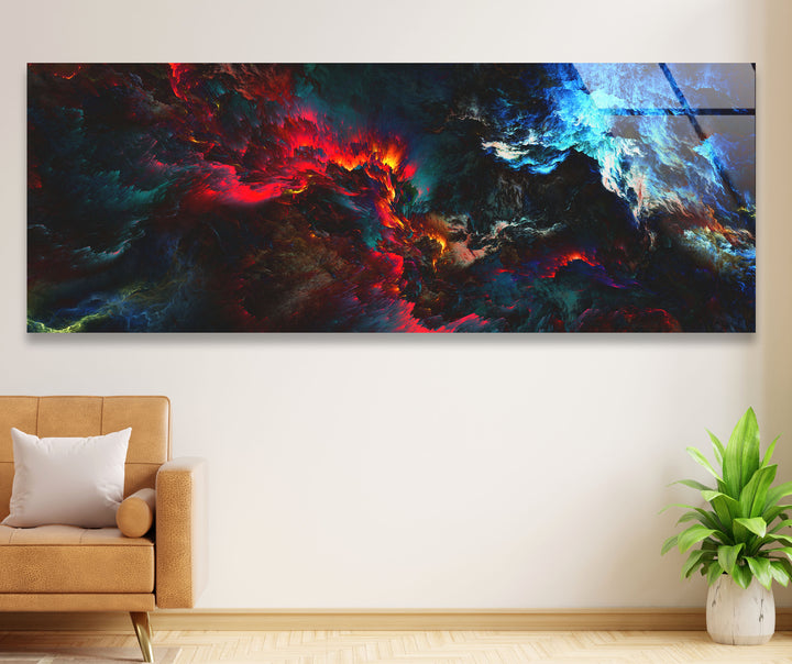 Dunkle Flamme Panorama-Wandkunst – Feuriger blauer und roter Glasdruck